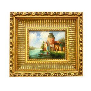 Painting Village by River Oil on Board Landscape Country Vintage Art Decor Gift